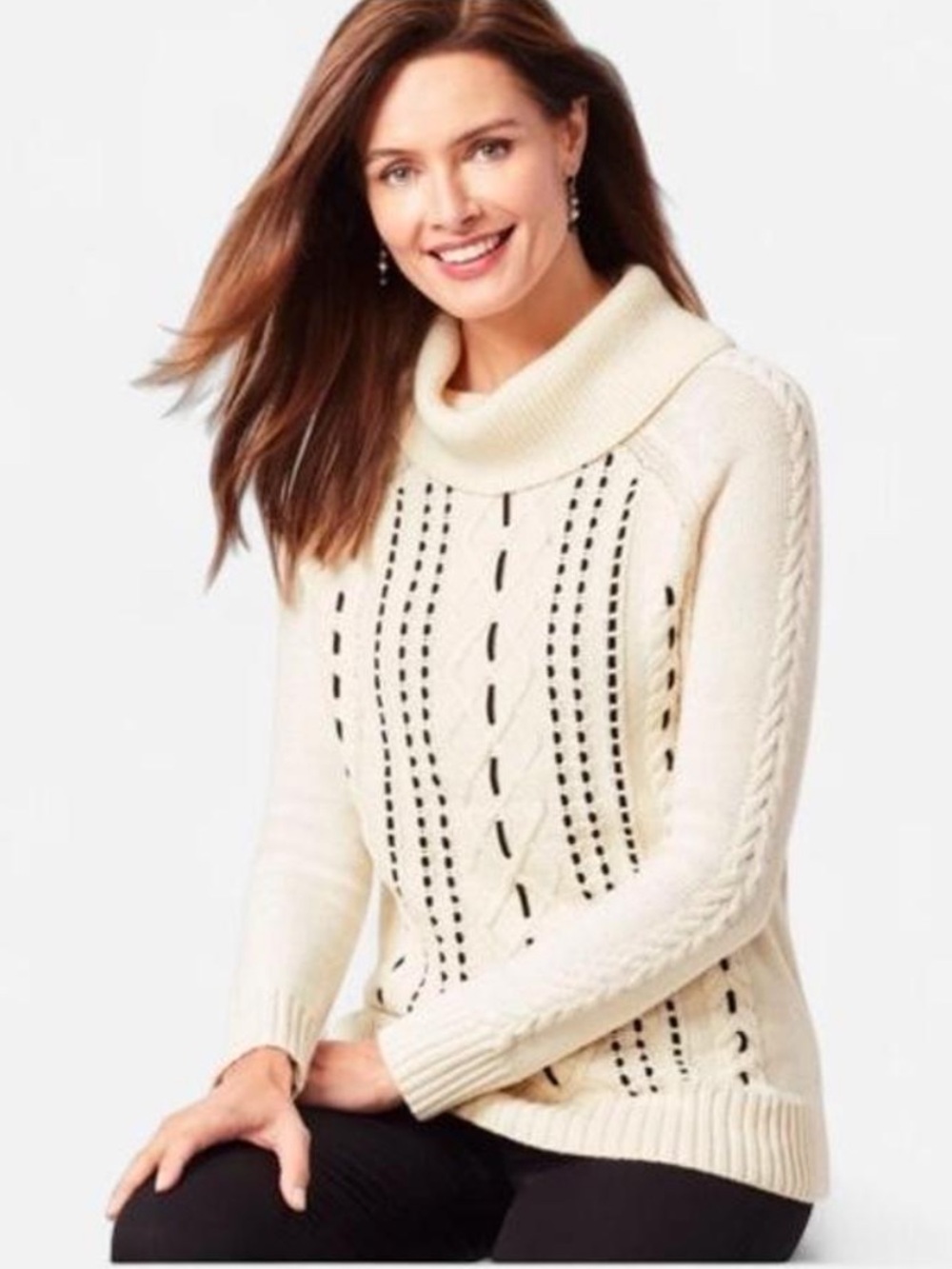 Talbots Cream Black Velvet
Ribbon Cable Knit Cowl Neck
Sweater Size Petite Small